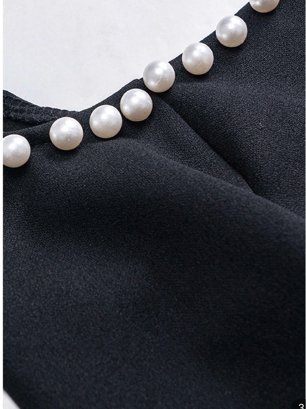 Pearl Ruched Zipper Mini Dress -Black Pearl-Trim Square Neck Mini Dress - Picture 3 of 7